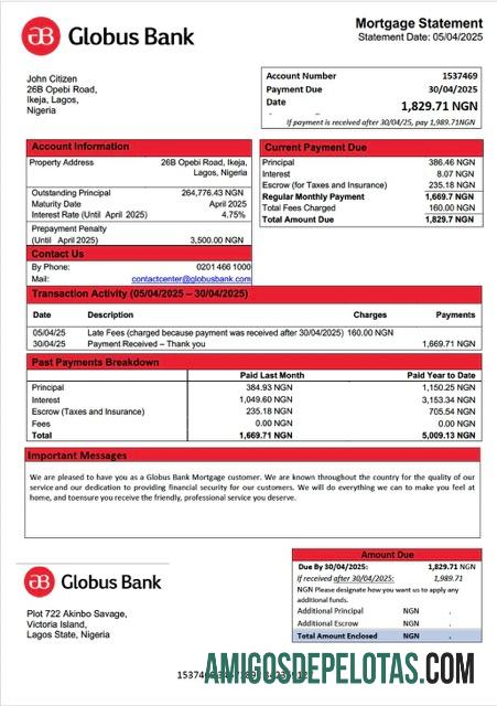 imprimível Modelo Word e PDF de declaração de hipoteca do Nigeria Globus Bank